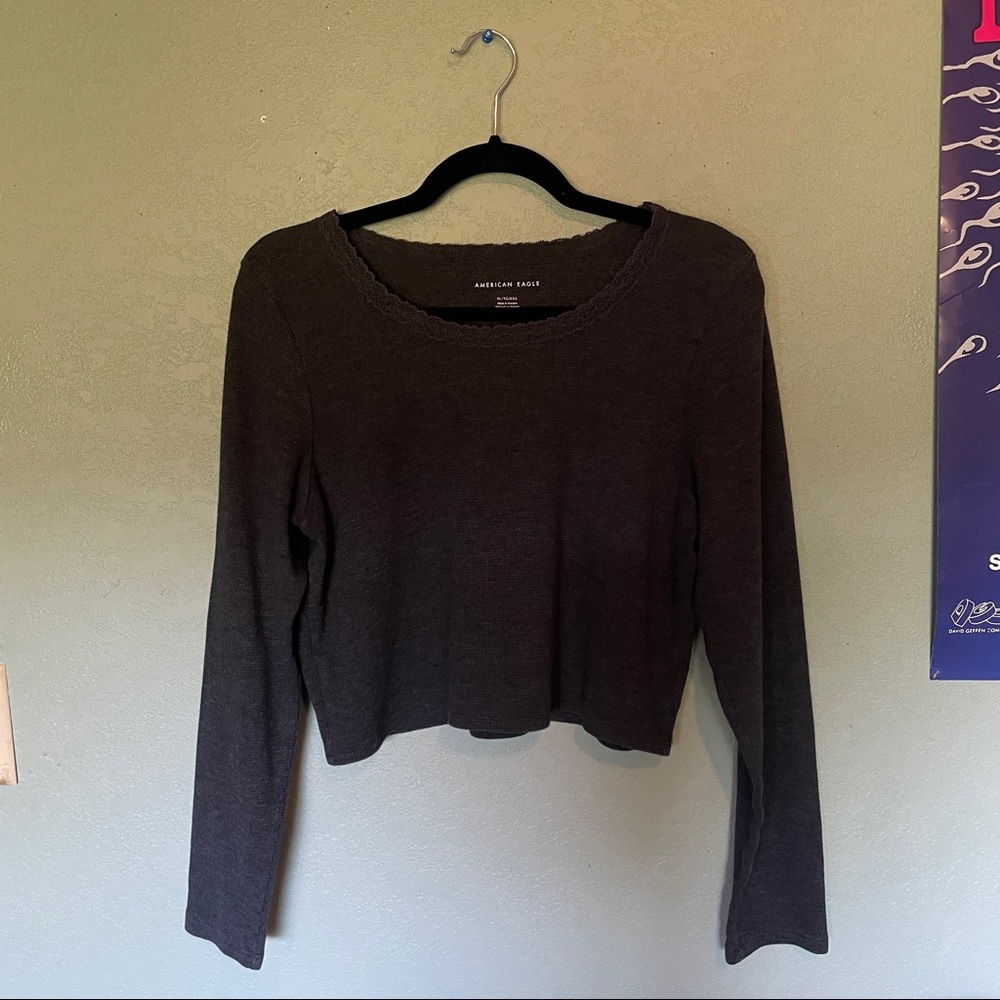 American Eagle Grey Long sleeve lace collar crop